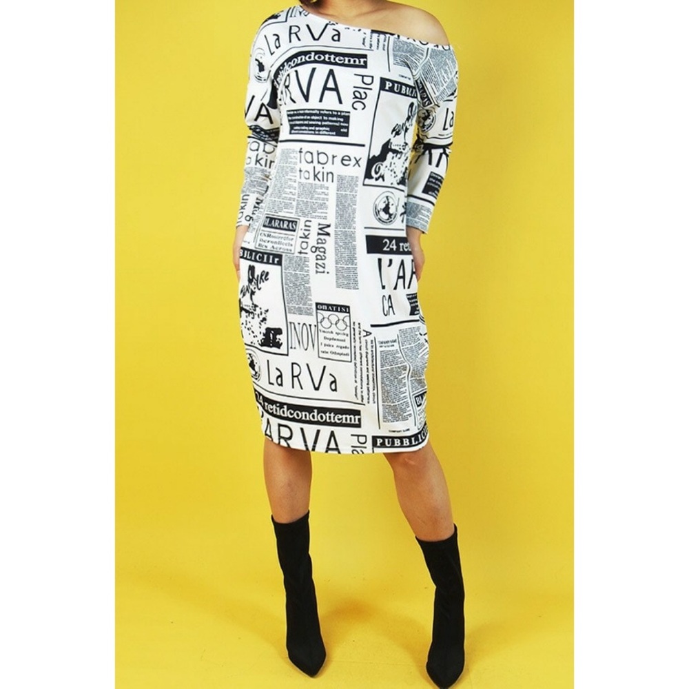 NWOT Off Shoulder Newspaper Print Dress